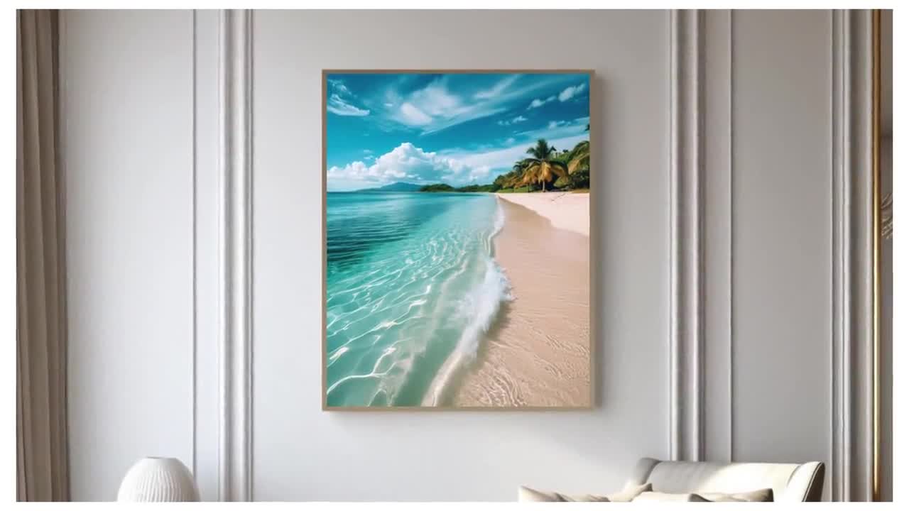 Waves Crashing on the White Sand Beach at Bali Wall Art Prints,Tropical  Coastal with Palm Tree Art,Poster,Scenery Decor,Digital Download