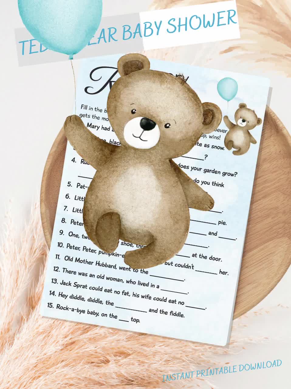 Teddy Bear Baby Shower Games, Baby Blue Boy Balloon Theme, I can Bearly  Wait, Printable Game Package