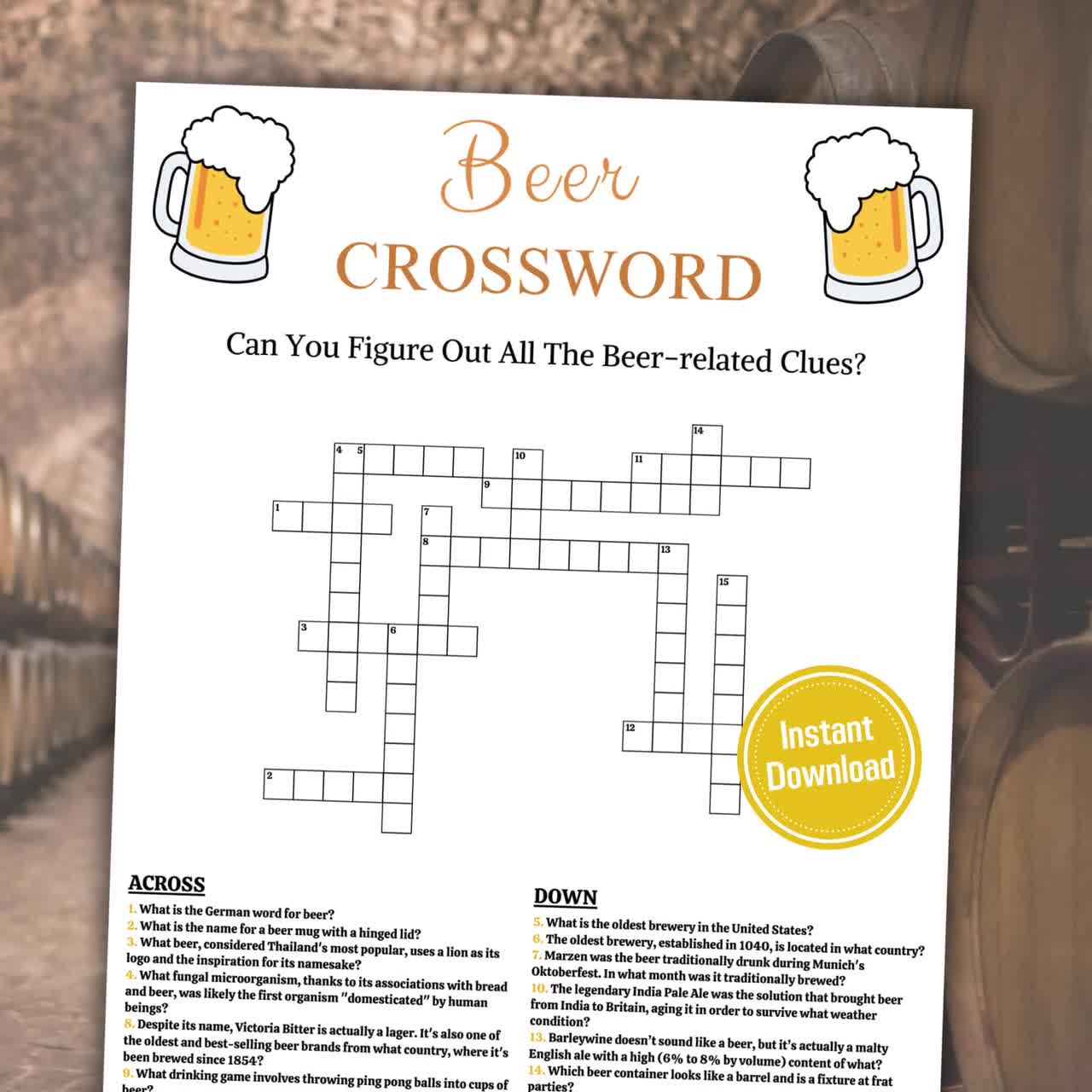 Beer crossword game | printable beer party crossword puzzle | beer party  trivia game | word game with answers | instant download pdf