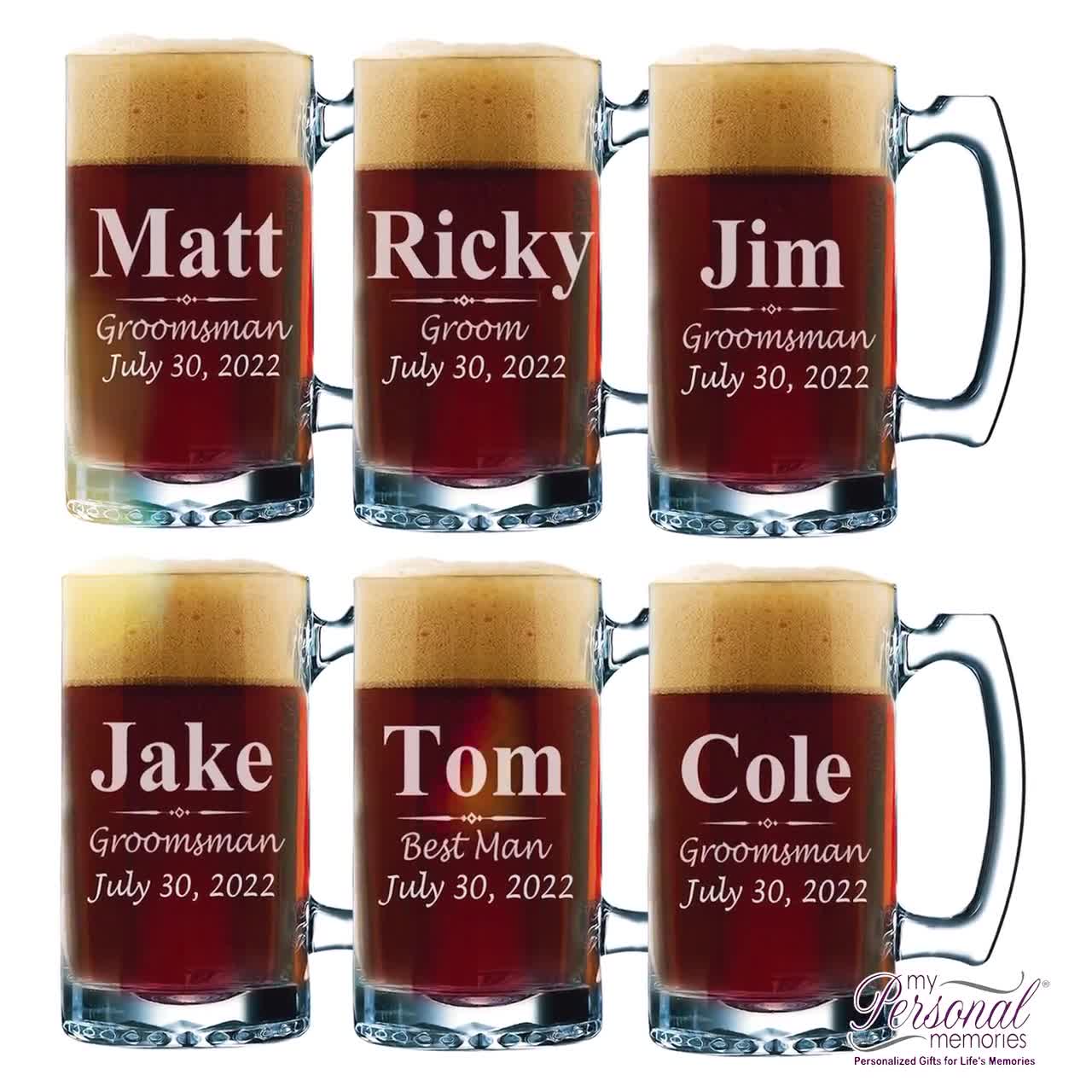 Set of 7 - Custom Engraved 12oz Beer Mug, Personalized Groomsmen Beer Glass