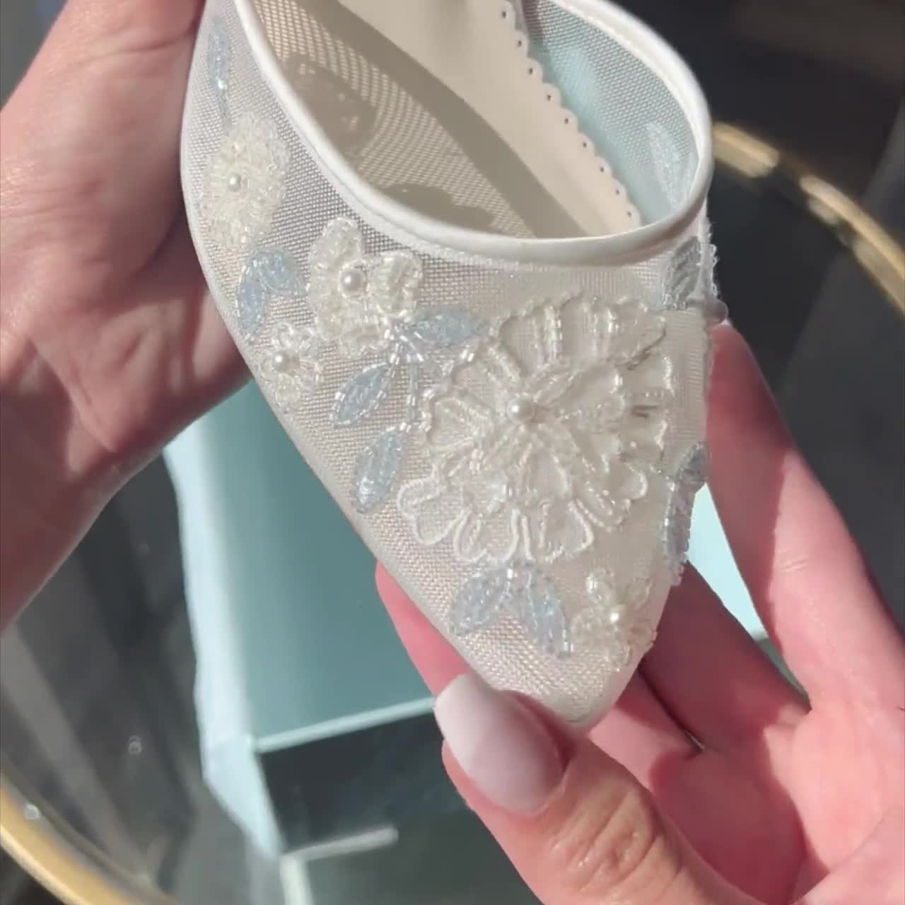 Baby Blue Floral Lace Ivory Wedding Block Heel | Bella Belle Vivian