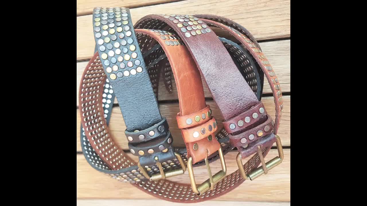 Studded Belt, Leather Belt, Brass Buckle, Handmade