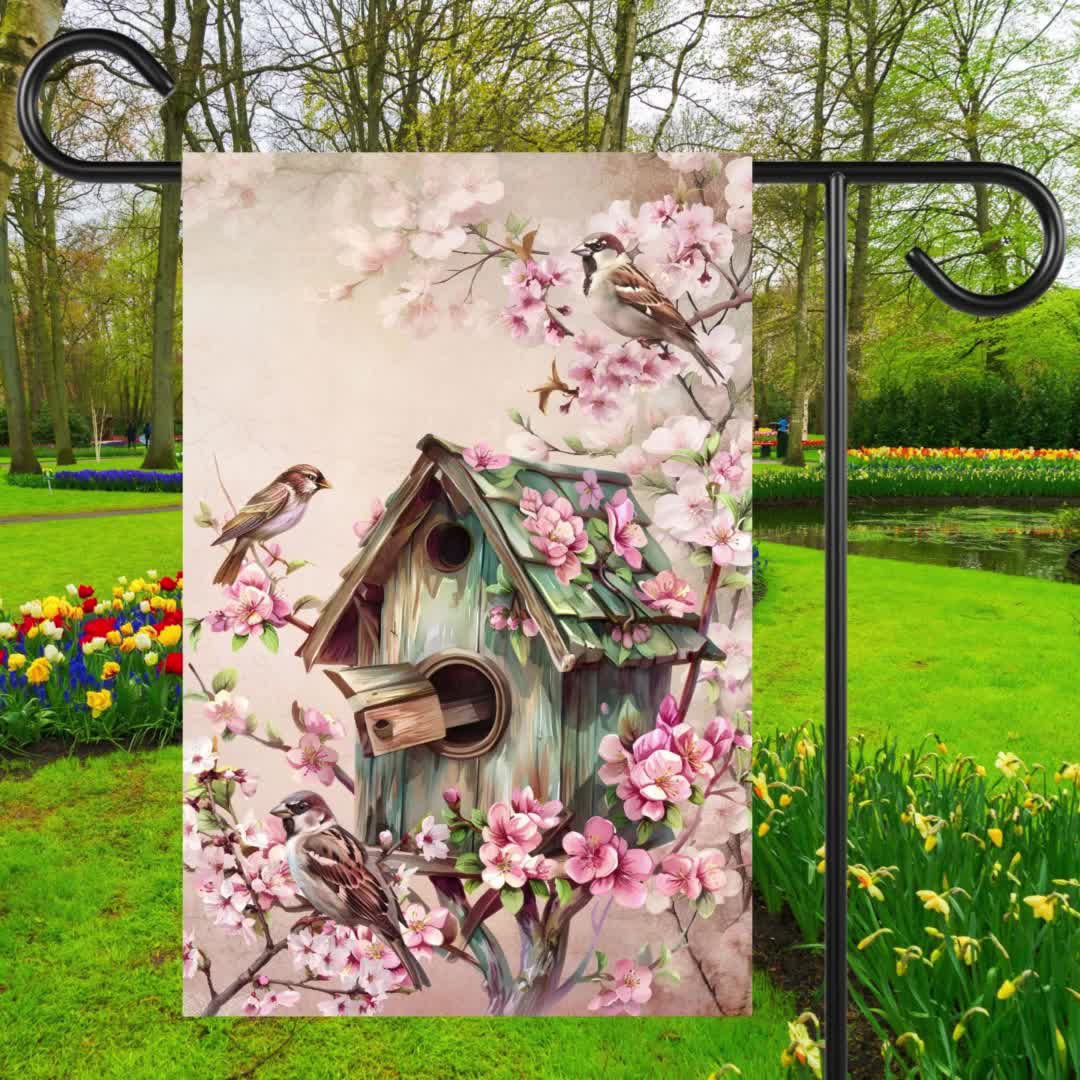 Bird Lovers Garden Flag: Robin, Bluebird, Cardinal, Spring Blossom