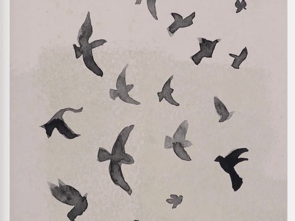 Impresión de bandada de pájaros, arte mural abstracto, decoración  minimalista de pájaros, póster beige y negro, sin marco, image size:1024x768