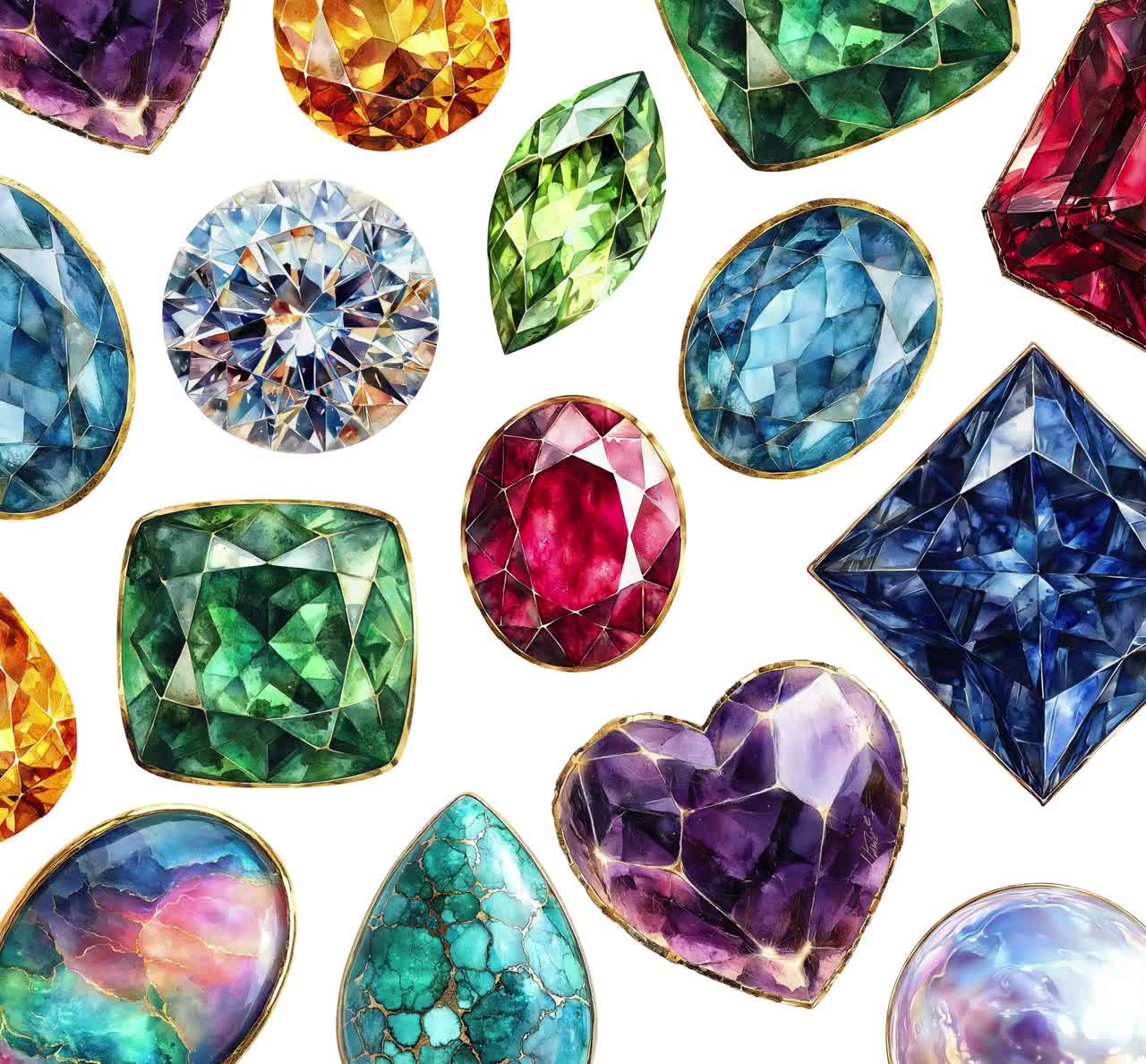 誕生石のクリップアート、水彩画の宝石のクリスタル、宝石の形、神秘的