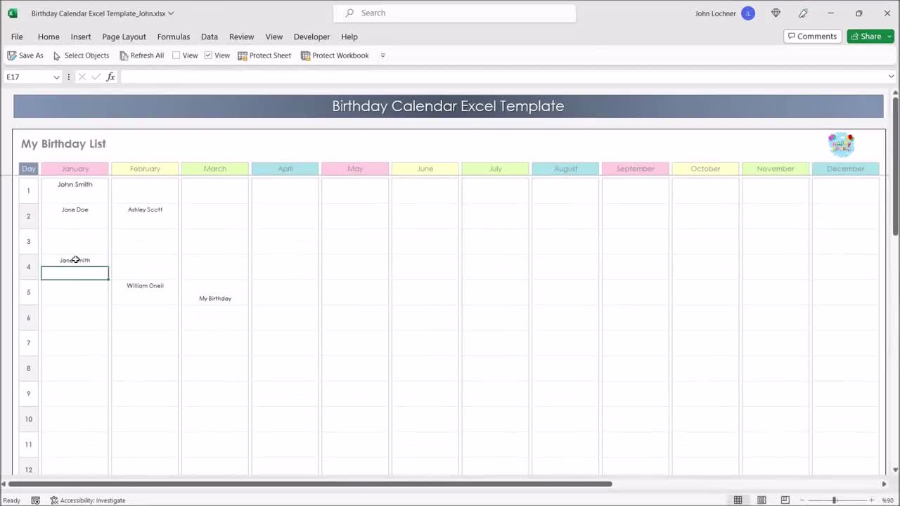 Birthday Calendar Excel Template Fillable Birthday Planner Birthday List Template  Birthday Calendar Tracker Printable Spreadsheet - Etsy Israel