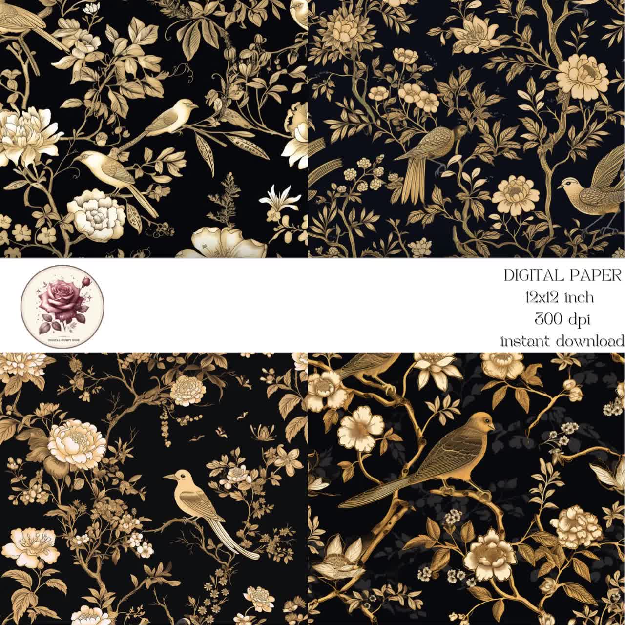 Black Gold Chinoiserie Digital Paper, Seamless Pattern