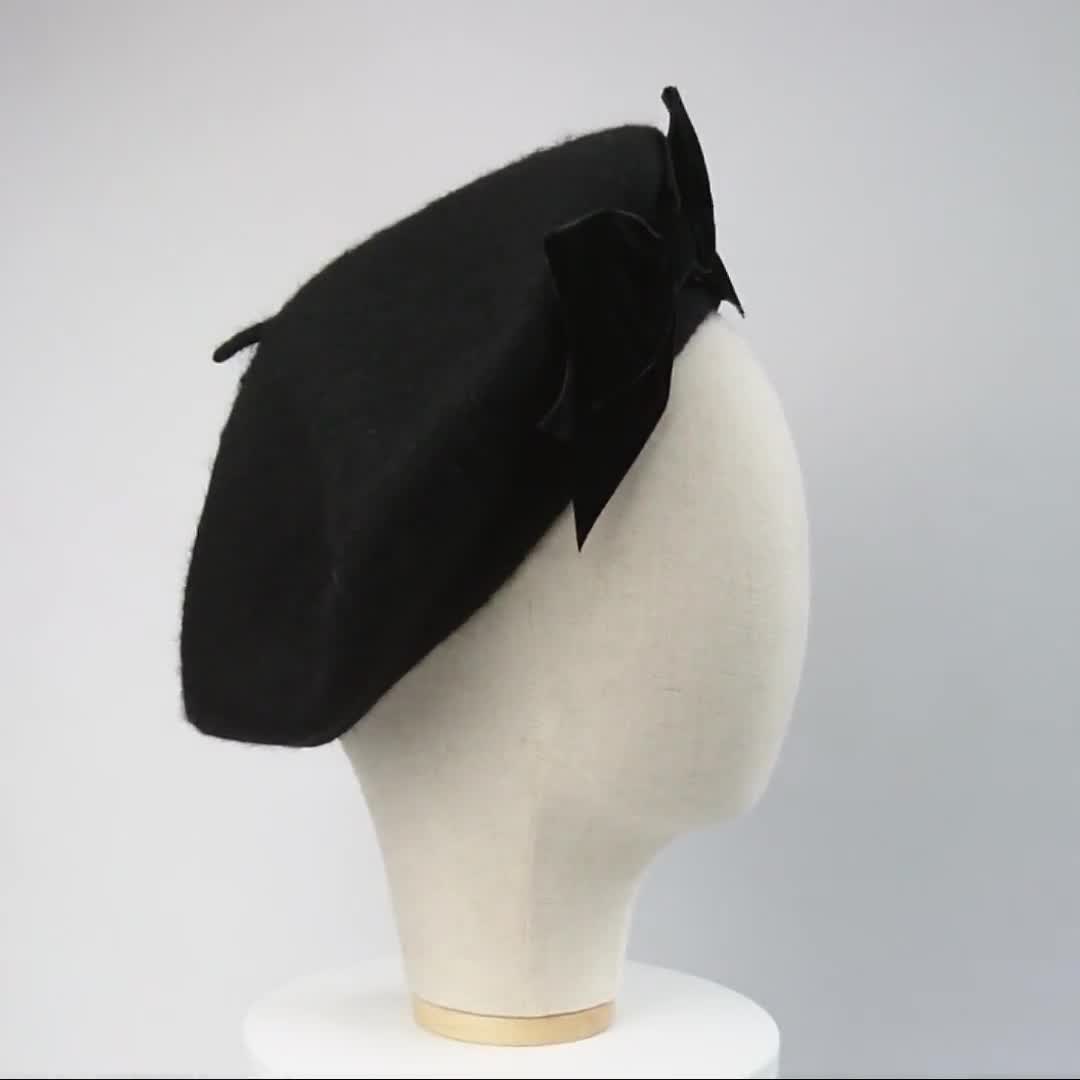 Black Wool Felt Beret Hat With Black Velvet Ribbon Bow, Black