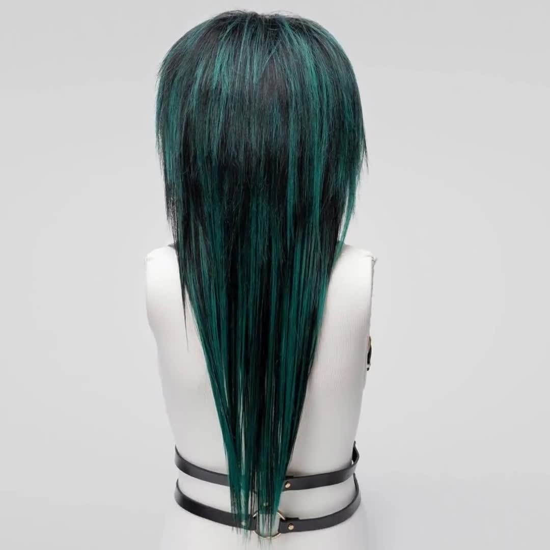 Scene Wig Styled Bangs EMO Green Black, Beehive Straight Shag Long Layered  Wig with Fringe Glueless, Cosplay Alternative Goth Halloween Hair