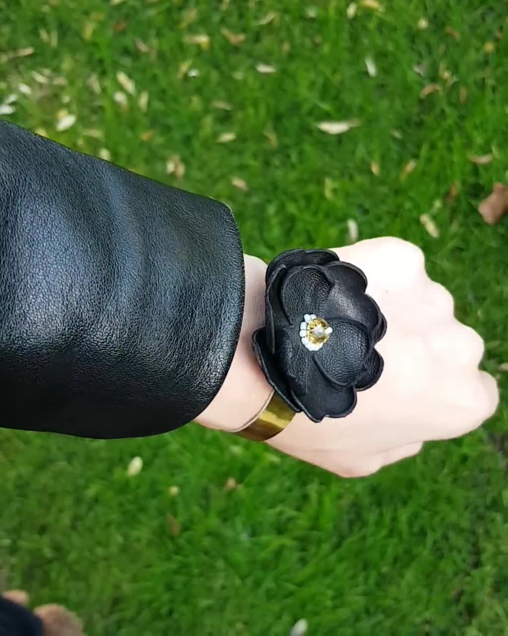 Black Statement Flower Bracelet on Metallic Gold Band, Bold Cuff