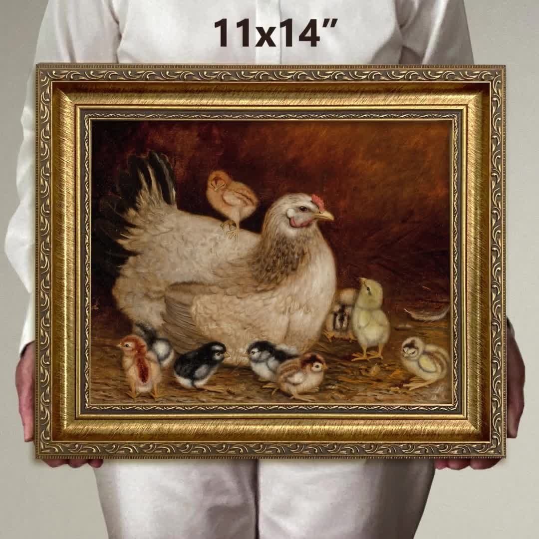 Original Thick Painted Yellow Chicken Animal Oil Painting, Farm top Pet Art, Modern Animal Realistic Works, Small Size Framed Wall Art On Mantel