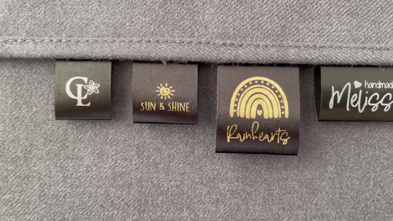 Etiquetas personalizadas de tela negra para ropa, hechas a mano, con patrón  de borde de hojas artesanales, logotipo personalizado, plegables, para