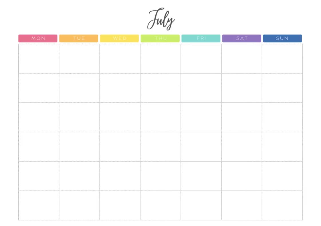 Printable Blank Undated Reusable Rainbow Monthly Calendar PDF Digital File  A4 & A3 Sizes Monday/sunday Start - Etsy