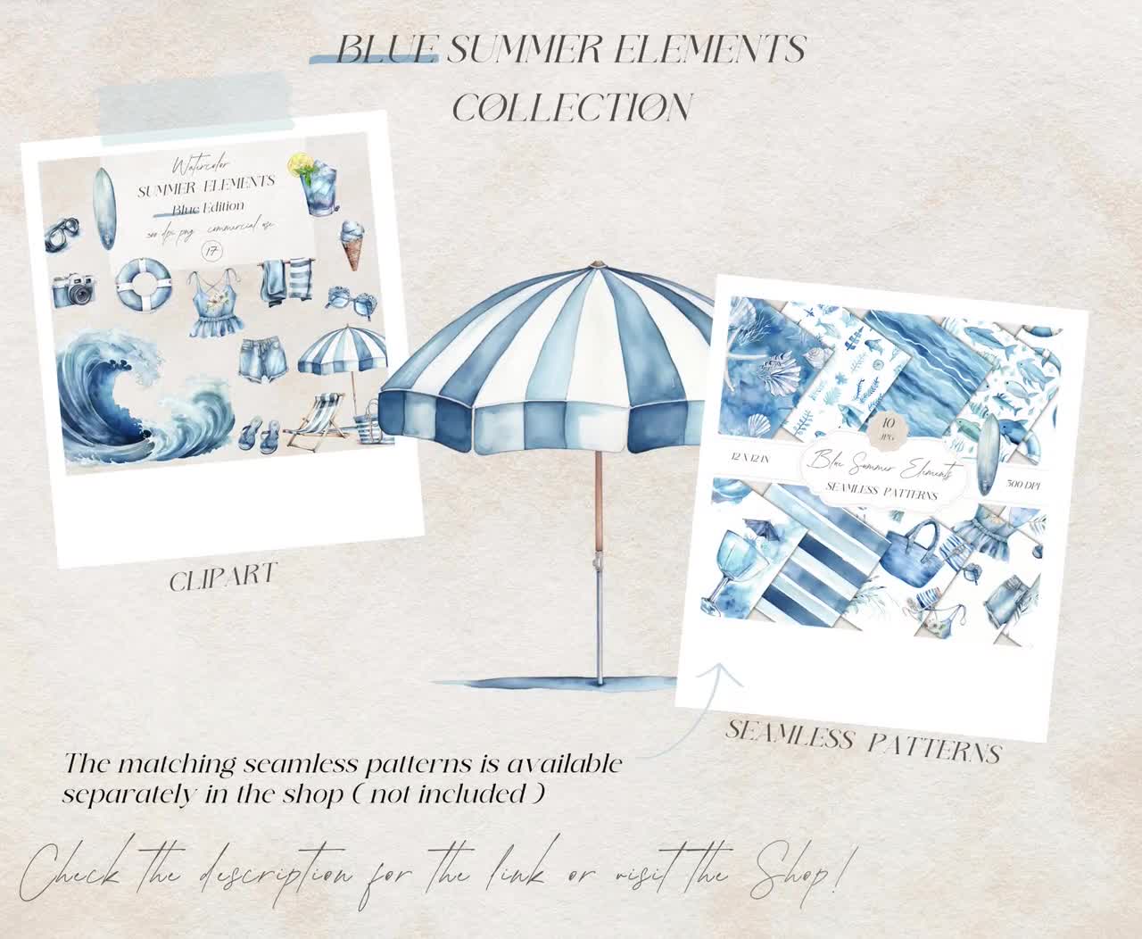 Dusty Blue Summer Watercolor Clipart, Cute Summer Beach