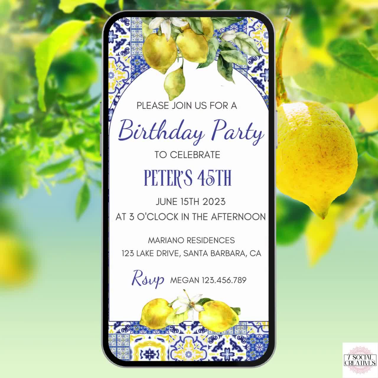 Blue Tiles and Lemon Birthday Party Invitation. Mediterranean Summer Themed  Digital Invite. Easy to Edit in Canva and Send via Phone. - Etsy