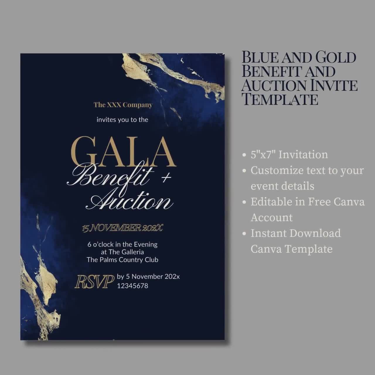 Gala Night Benefit Auction Navy Blue and Gold Business Invitation Corporate  Gala Dinner Invite Elegant Business Anniversary Gala Invite, image size:1280x1280