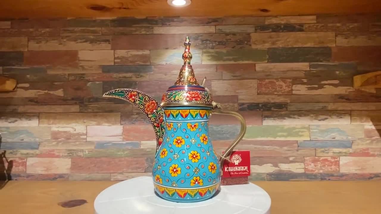 Hand Painted Brass Coffee Pot Arabic Dallah Coffee Pot, Arabian Décor,  Unique Gift Blue Gold With Crystals, Kahwa Tea Kettle, Ramadan Gift 