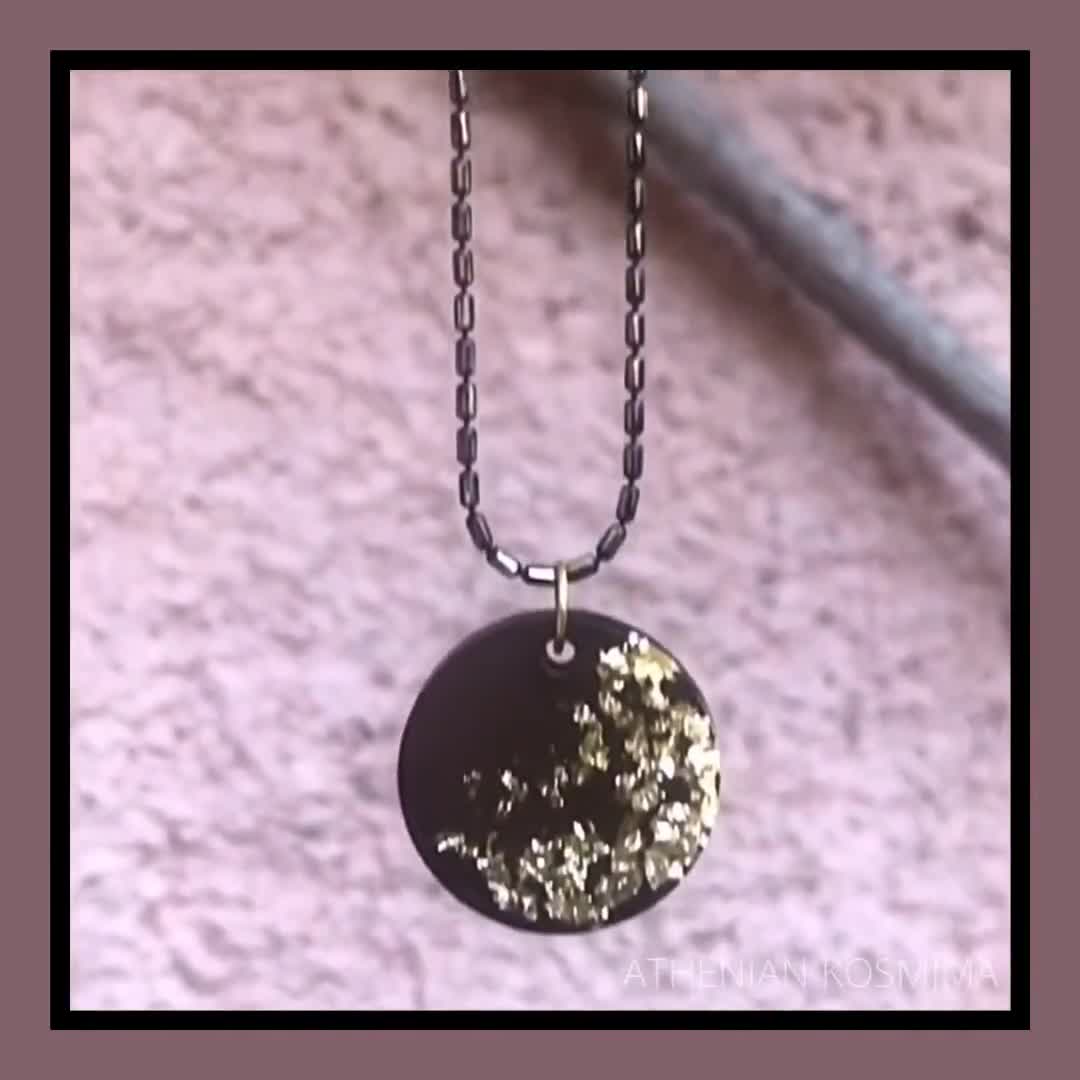 Handmade necklace resin pendant black and gold flakes unique gift ideas for women