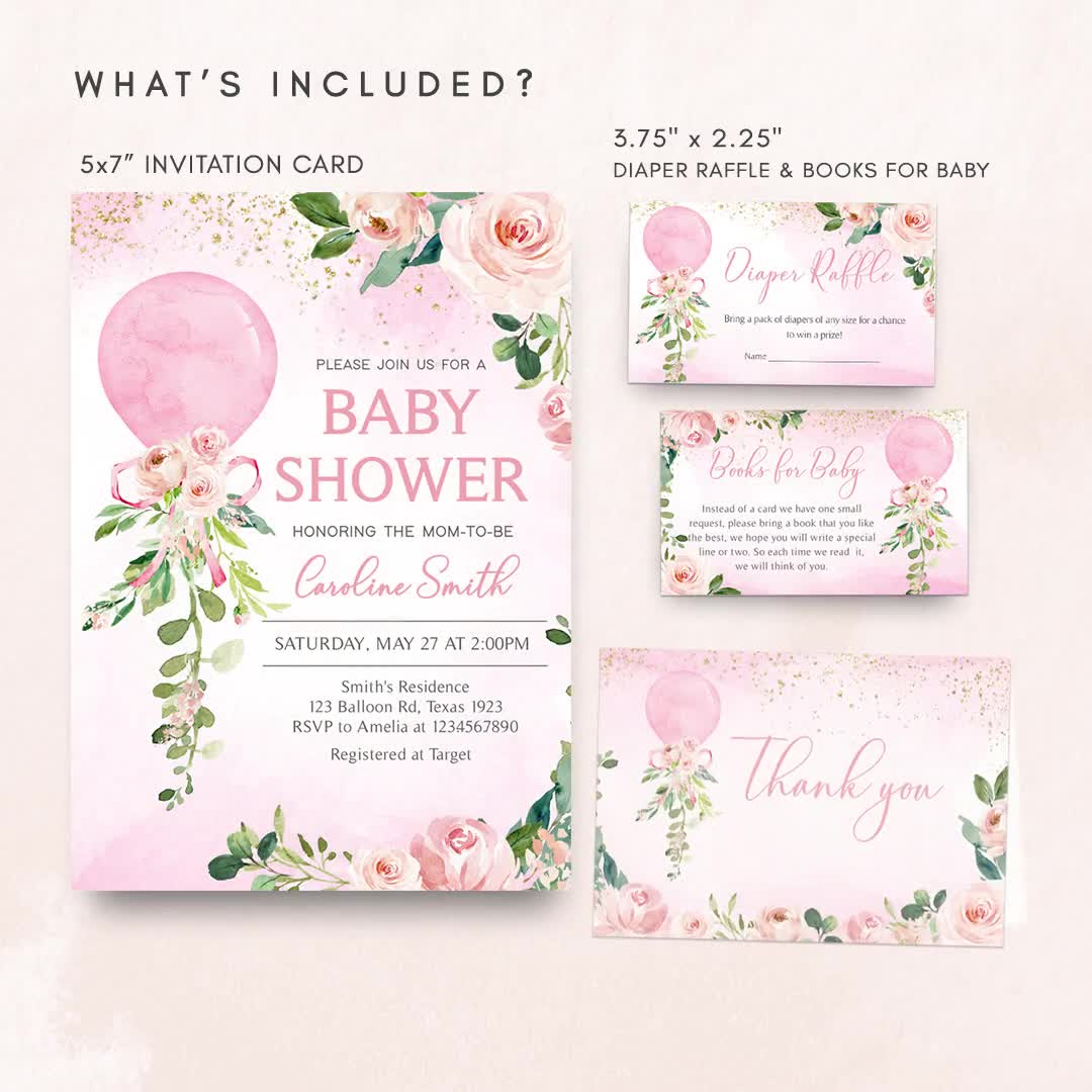 Editable Balloon Baby Shower Invitation Set, Blush Floral Baby Shower  Invite Pack, Girl Greenery Balloons Invitation Printable Template 0287