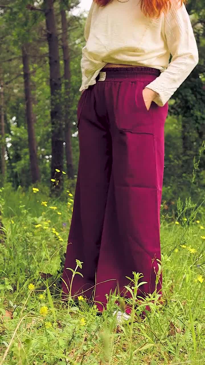 Burgundy Linen Wide Leg Pants Women – High Waist Loose Trousers - Main Image