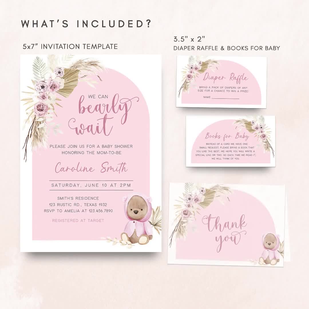 Editable Boho Teddy Bear Baby Shower Invitation Bundle We Can Bearly Wait  Baby Shower Invite Set Pink Pampas Grass Bear Invite Template 0381