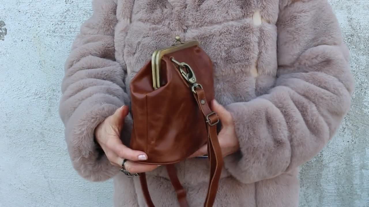 Tan Leather Boston Bag: Kiss Lock Top Clasp, Crossbody Purse Tan Leather Boston Bag: Kiss Lock Top Clasp, Crossbody Purse