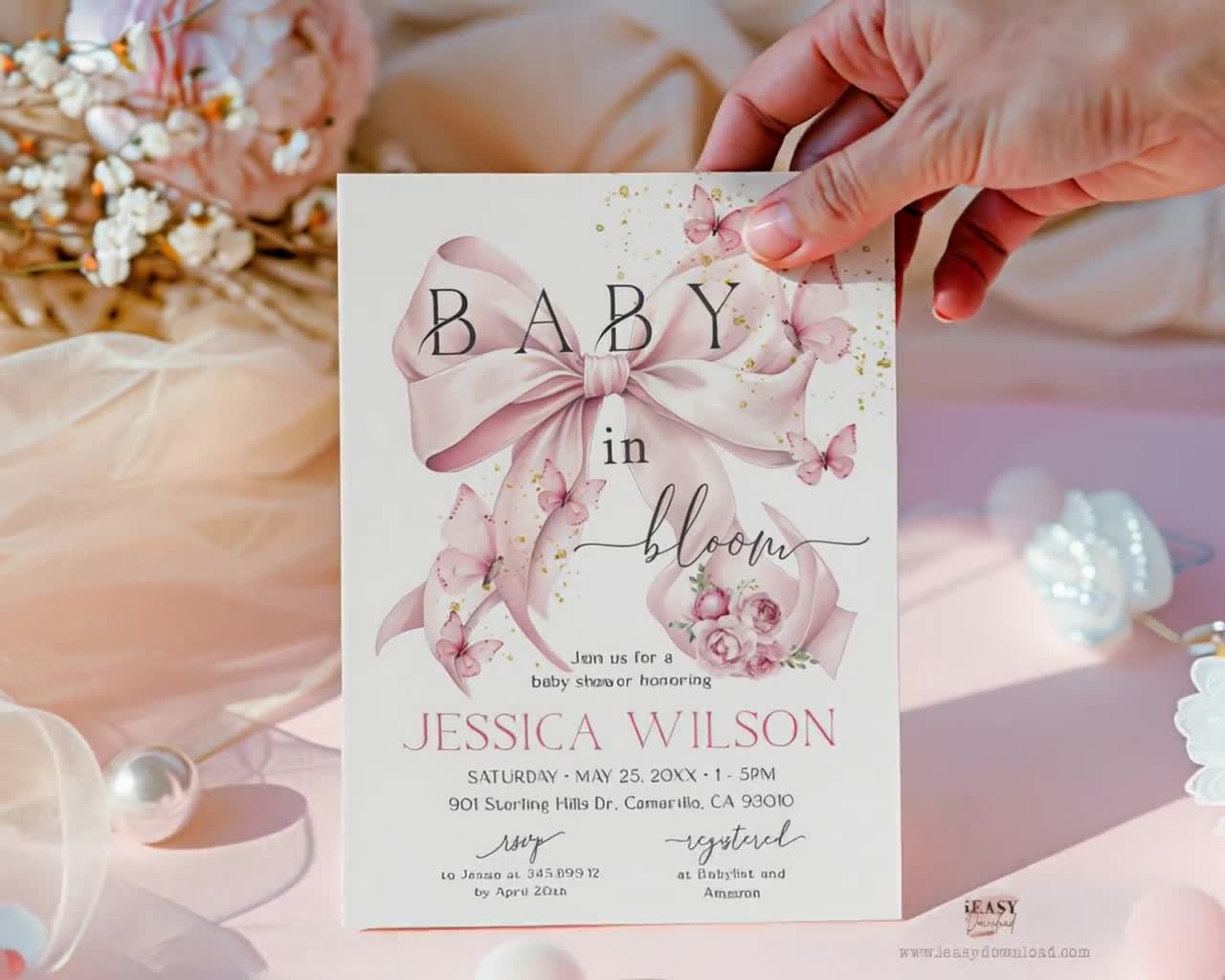 Pink Butterfly Baby Shower Invitation: Bow, Butterflies, Baby in Bloom  (Corjl Template), image size:1280x1024