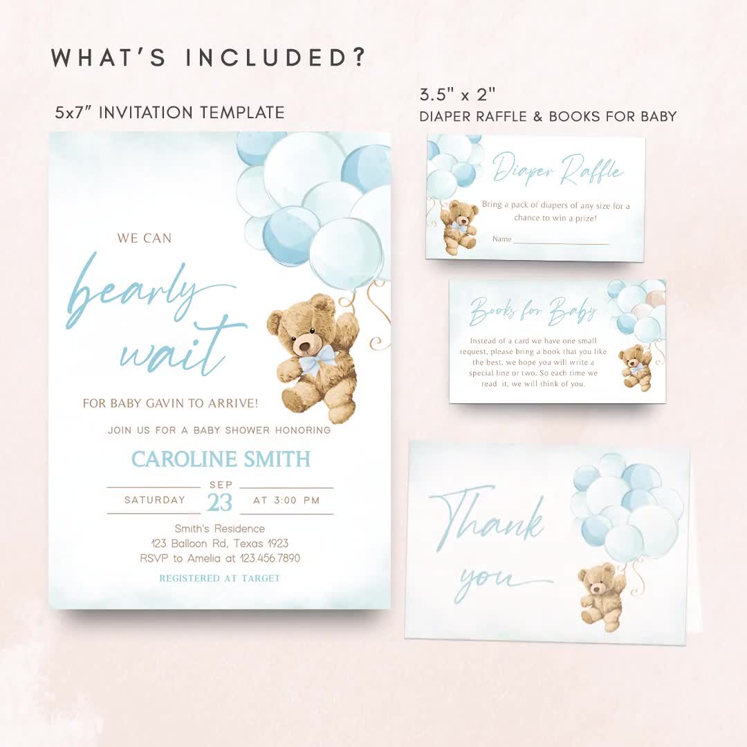 Editable Boy Bear Balloon Baby Shower Invitation Bundle, We Can Bearly Wait  Baby Shower Invite Pack, Blue Teddy Bear Baby Shower Invite 0421