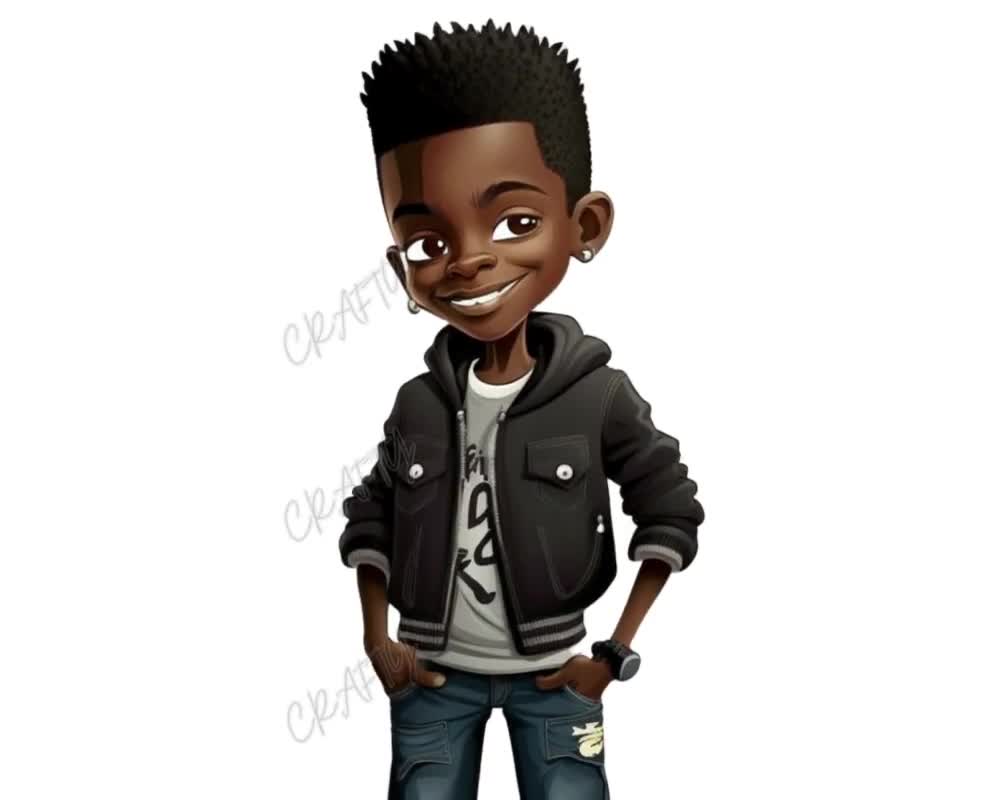 Little Black Boy Illustration, Urban Afro Kids Clipart (PNG Bundle