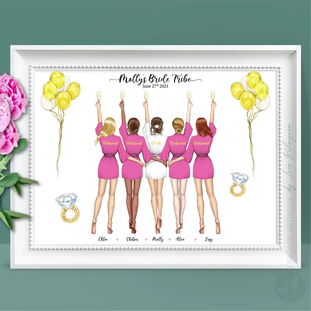 Personalised Bridal Party Illustration, Bride, Bridesmaid, Maid of Honor  Gift