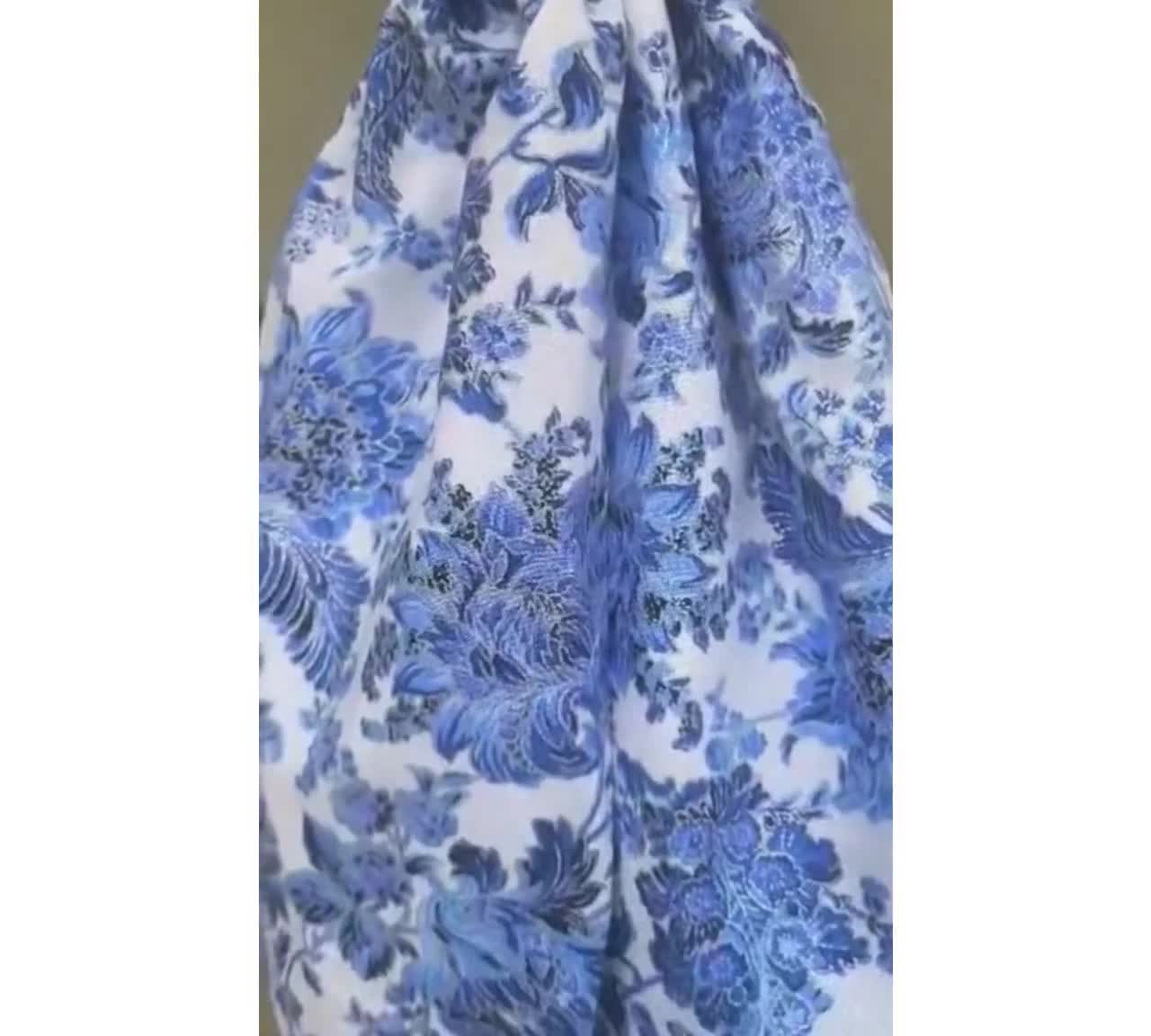 Chinoiserie Wreath Sash, Floral Wreath Scarf, Blue and White