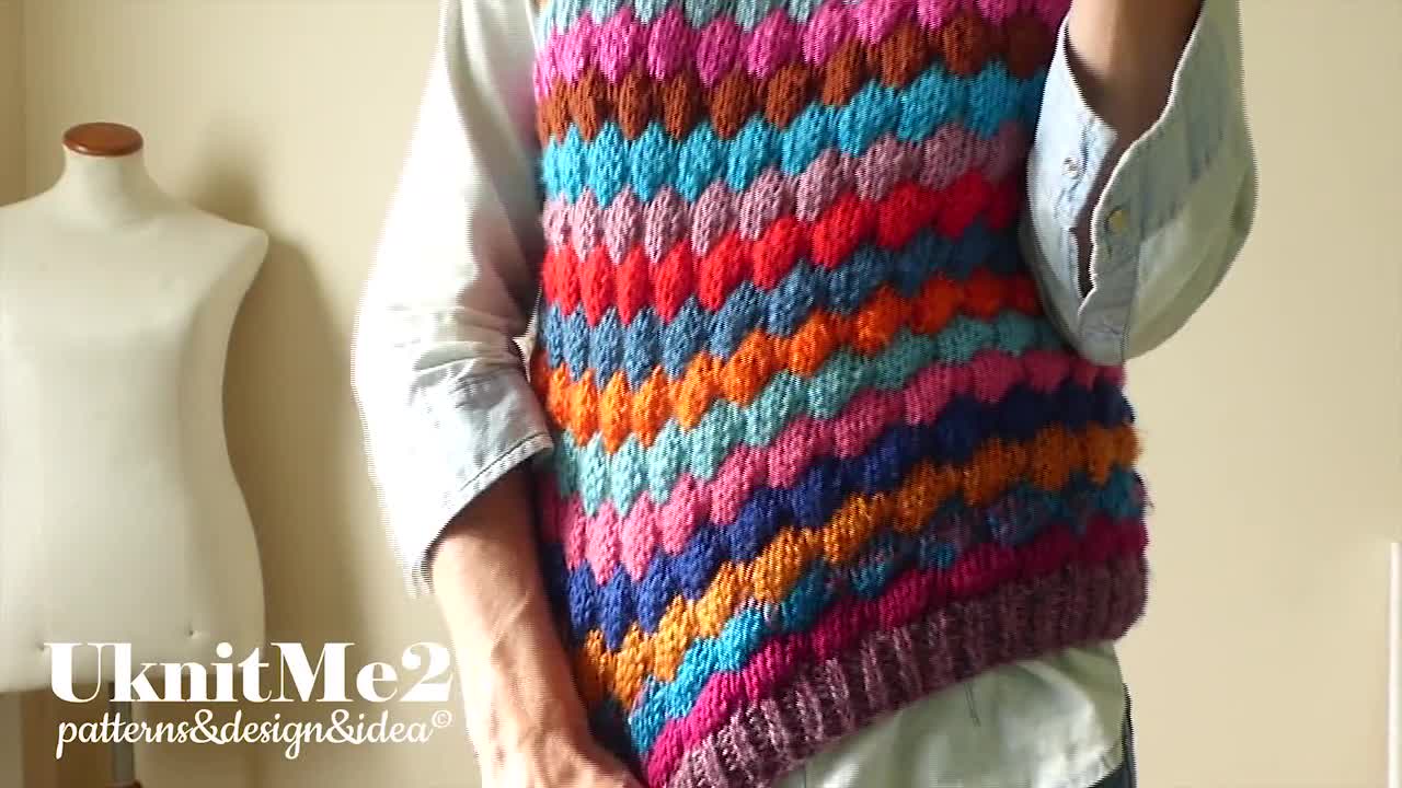 Vest Knit Pattern - SCRAPS Tee Bubble Stitch vest knitting pattern Reuse  Yarn Lefts ONE piece S/M/L beginner knits warm EASY