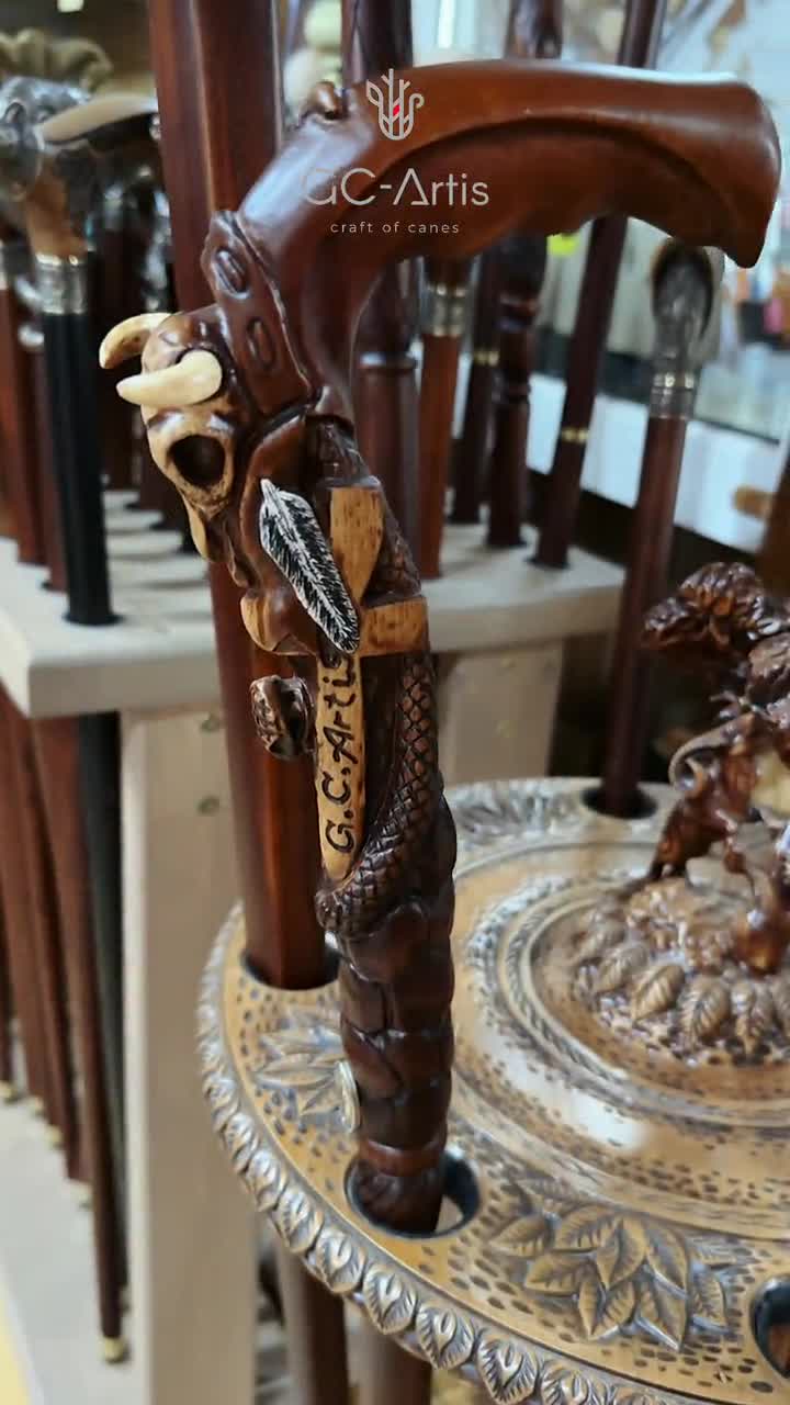 Mens Hand Carved Oak Walking Cane: Buffalo Skull & Snake Handle