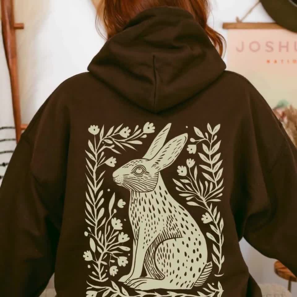 Bunny Hoodie: Folk Art Rabbit, Forestcore Block Print - Etsy