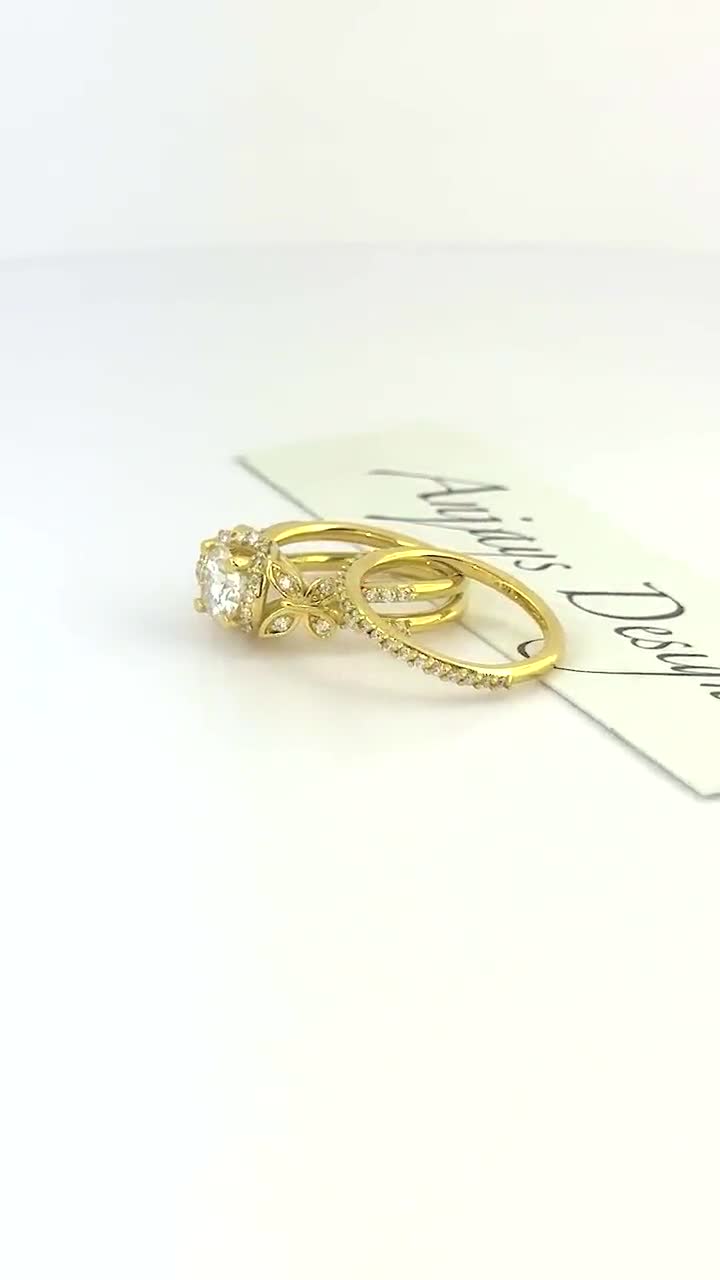 Diamond Butterfly Engagement Ring Set 14k Gold 1 Carat Round IGI Certified D Color VS1 video poster