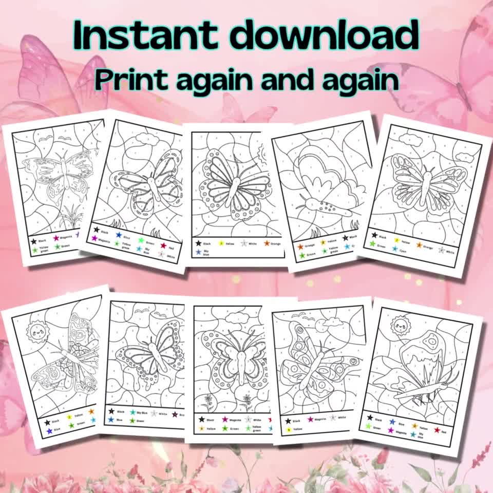 数字で塗る蝶のぬり絵10ページ Vol 2、数字で塗る蝶のぬり絵、子供と大人向けの印刷可能なぬり絵、リラックスできるアート, image size:960x960