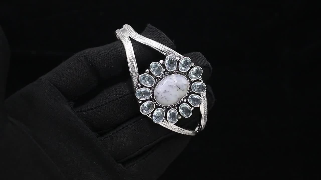 ブルートパーズデンドライトオパール925スターリングシルバーバングル