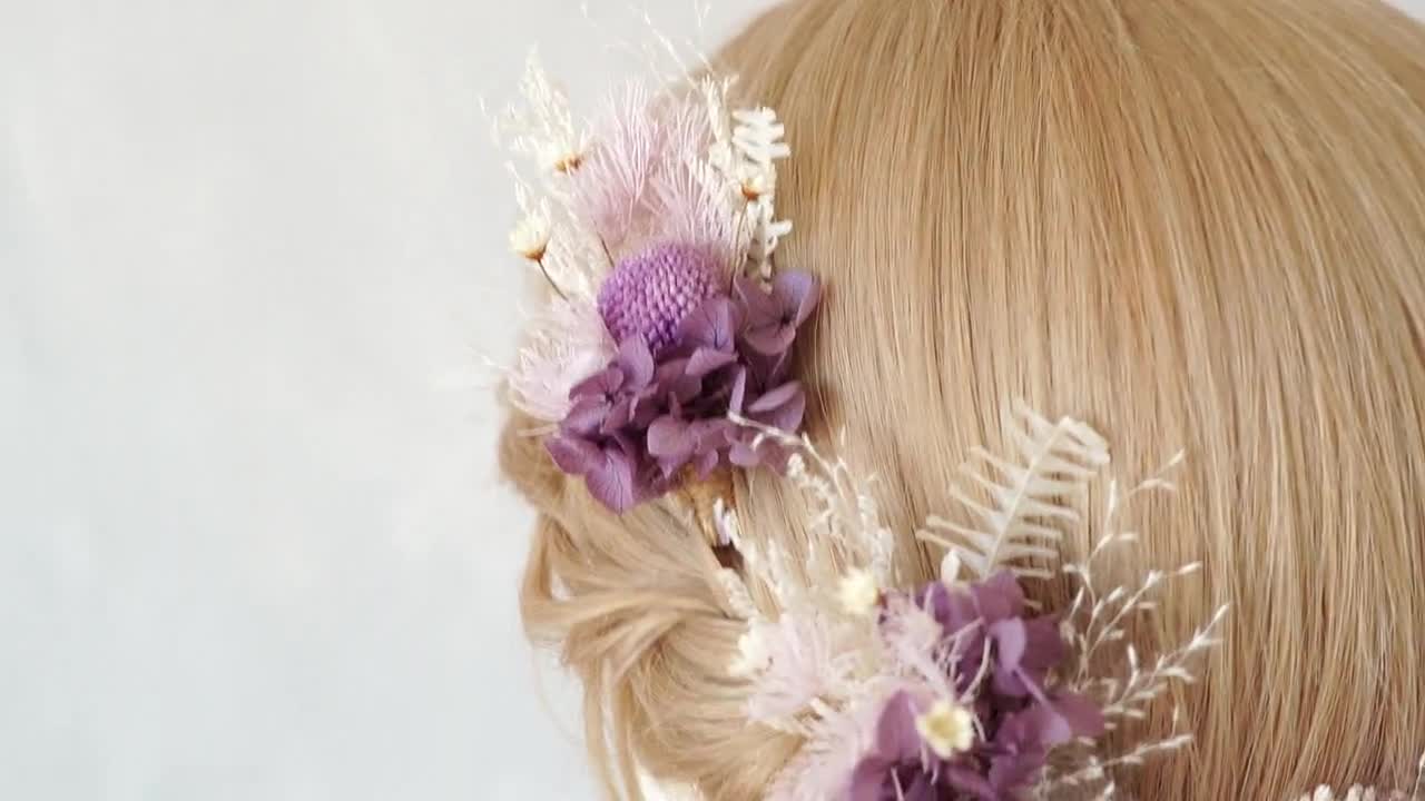 White/purple Dried Flower Hair Pins: Boho Bridal Preserved Roses  display picture 1