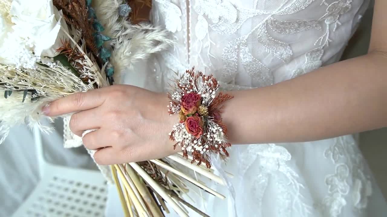 Fall Rustic Wrist Corsage / Bridesmaid Corsage / Mother of the Bride /  Terracotta / Eucalyptus Greenery / Burnt Orange 