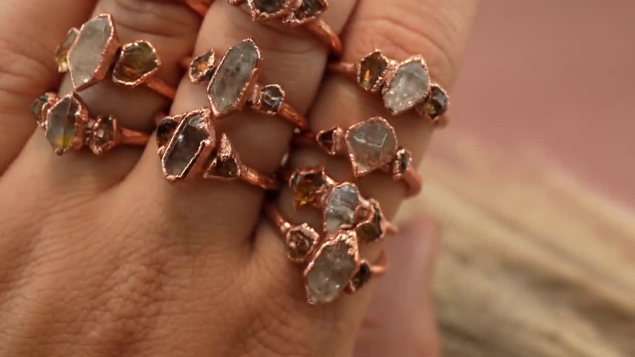 電気鋳造銅リング：天然シトリン＆ハーキマーダイヤモンド マルチ