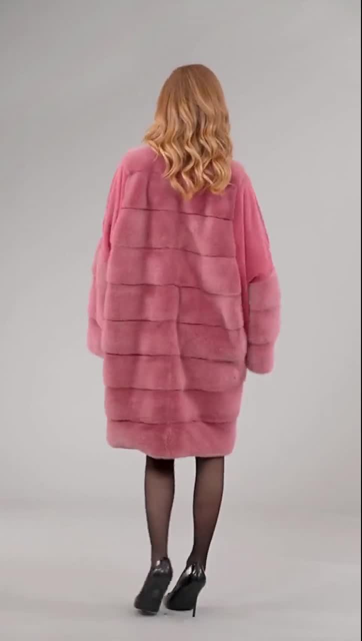 Long Line Real Mink Fur Coat, Pink Color. Big Size, Full Skin Mink