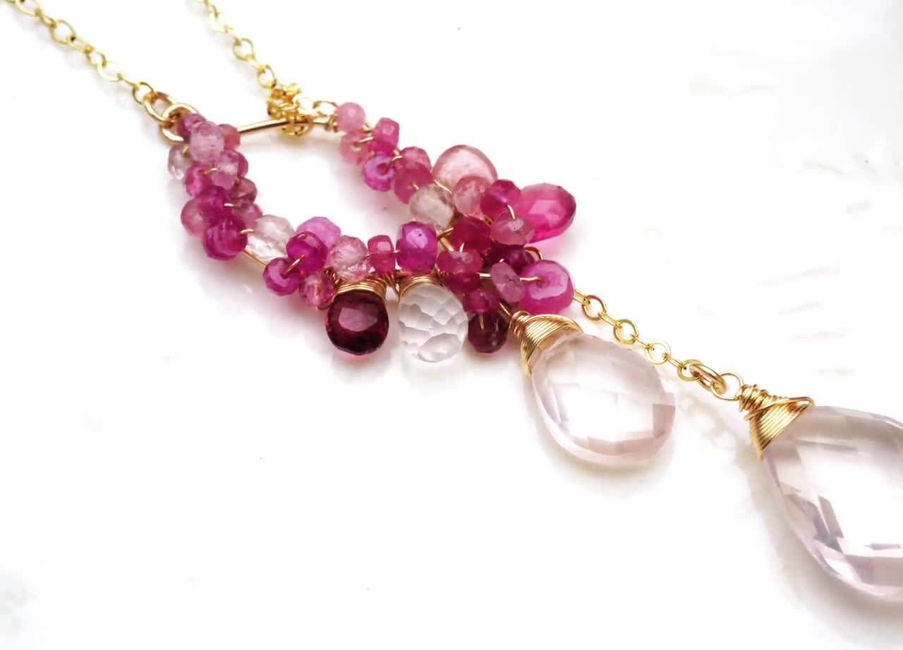 Pink Gemstones Lariat, Cherry Blossom Sakura Japanese Jewelry, Cluster Pendant Necklace, 14K Gold Filled