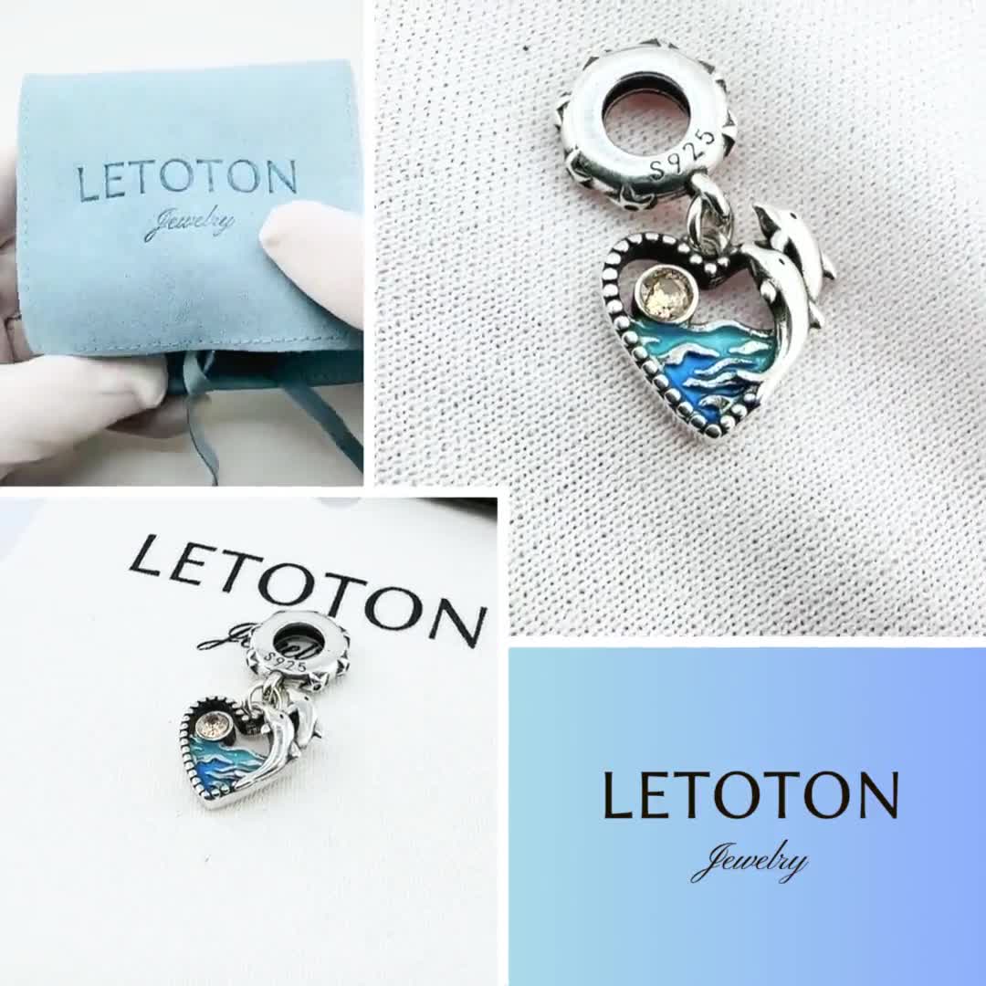 Dolphin Heart Dangle Fits Pandora Charm Bracelet, Blue Ocean