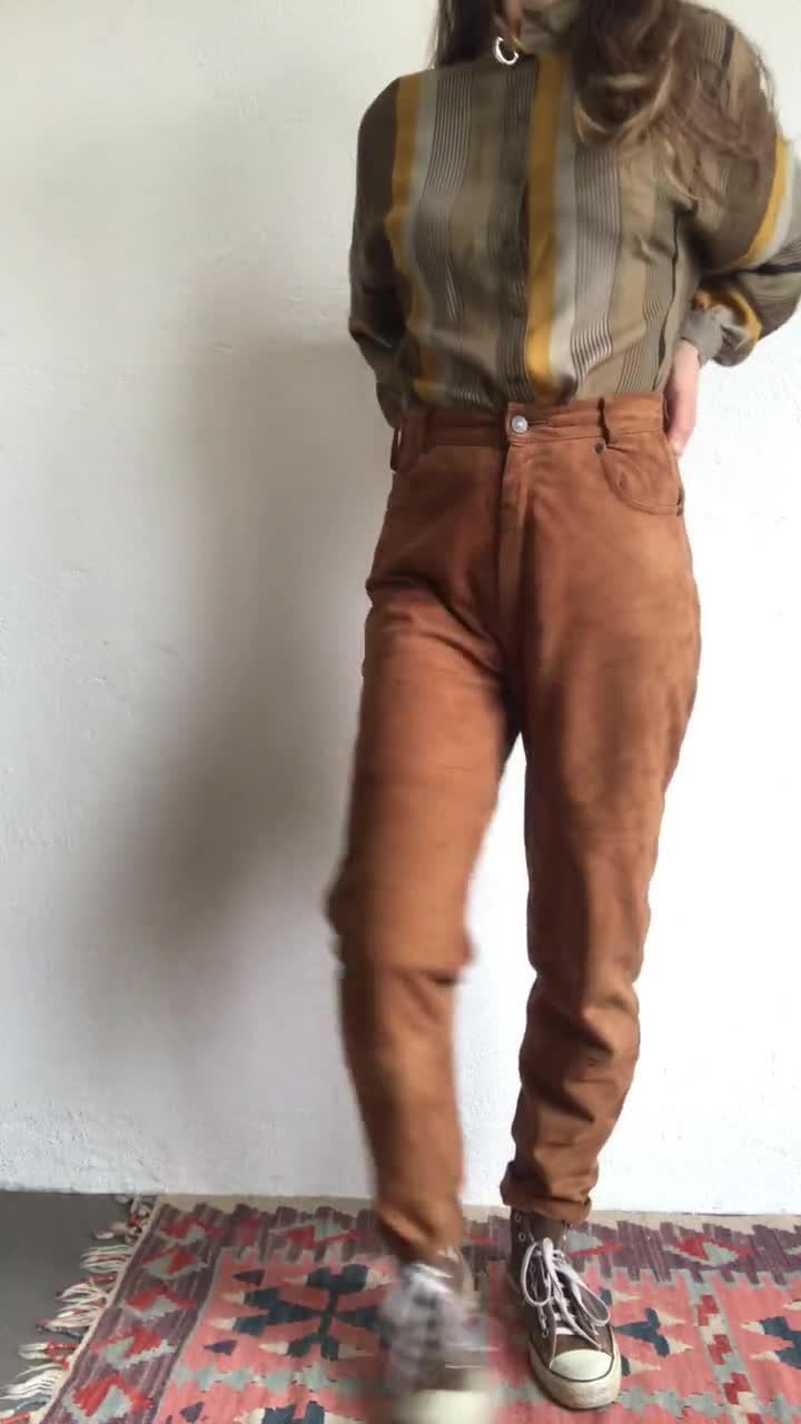 Vintage Suede Pants 1980s Tan Leather Pants Tapered High Waist
