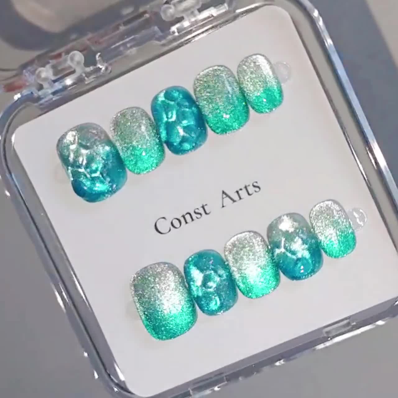 Handmade Ocean Waves Gem Rhinestone Silver Blue-green Cyan Cat Eye