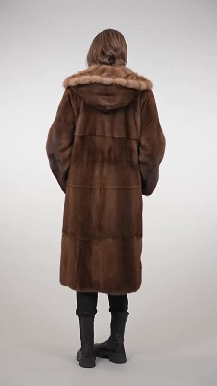 Full Length Demi-buff Mink Fur Coat With Sable Hood. Long Line