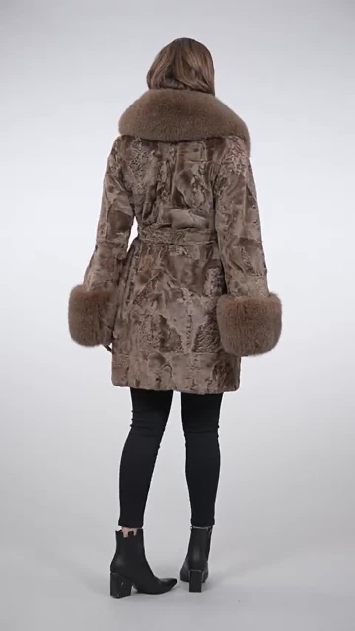 Long Line Brown Real Astrakhan Fur Coat. Fox Fur Collar and Cuffs
