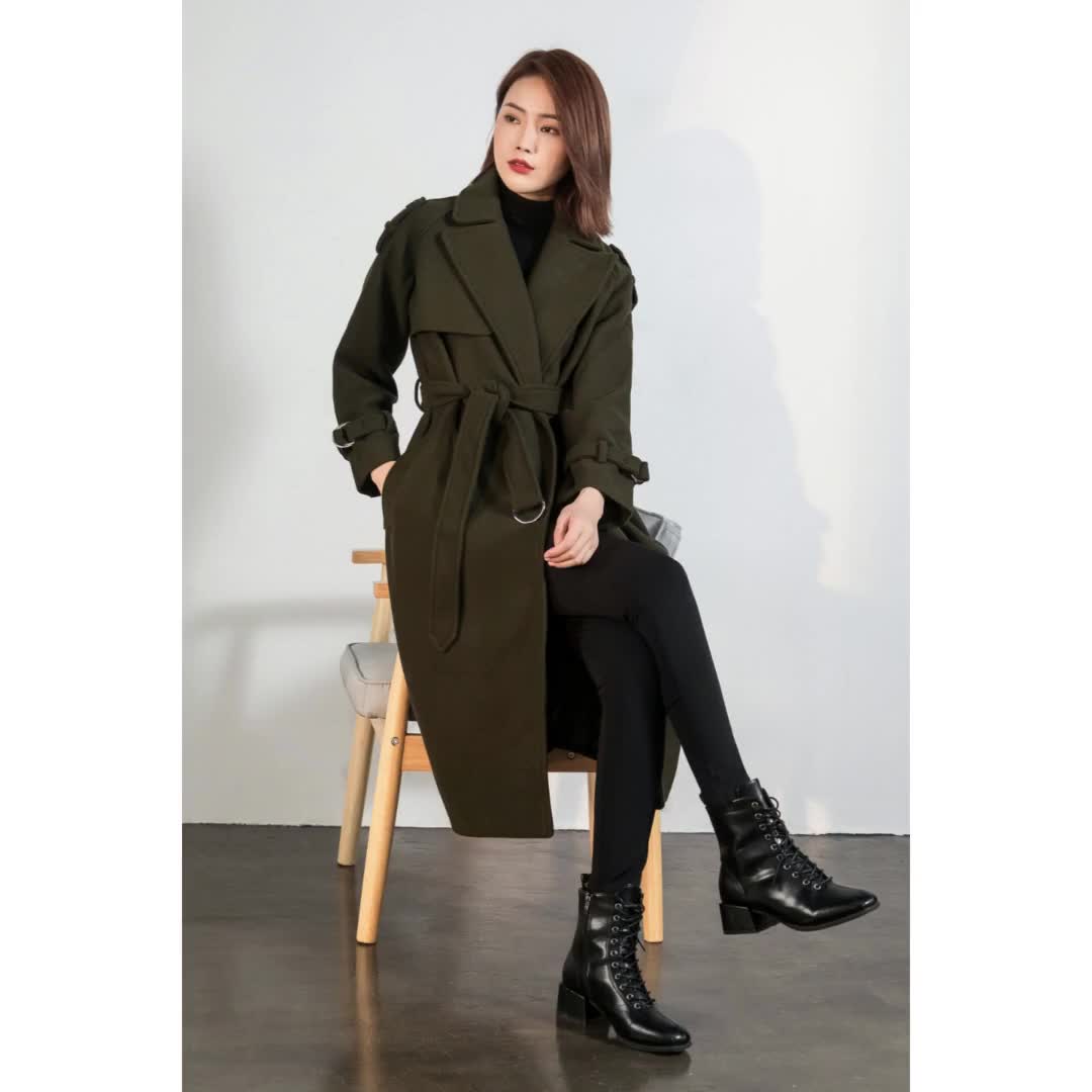 Army Green Wool Coat, Belted Wool Coat, Wool Trench Coat, Plus