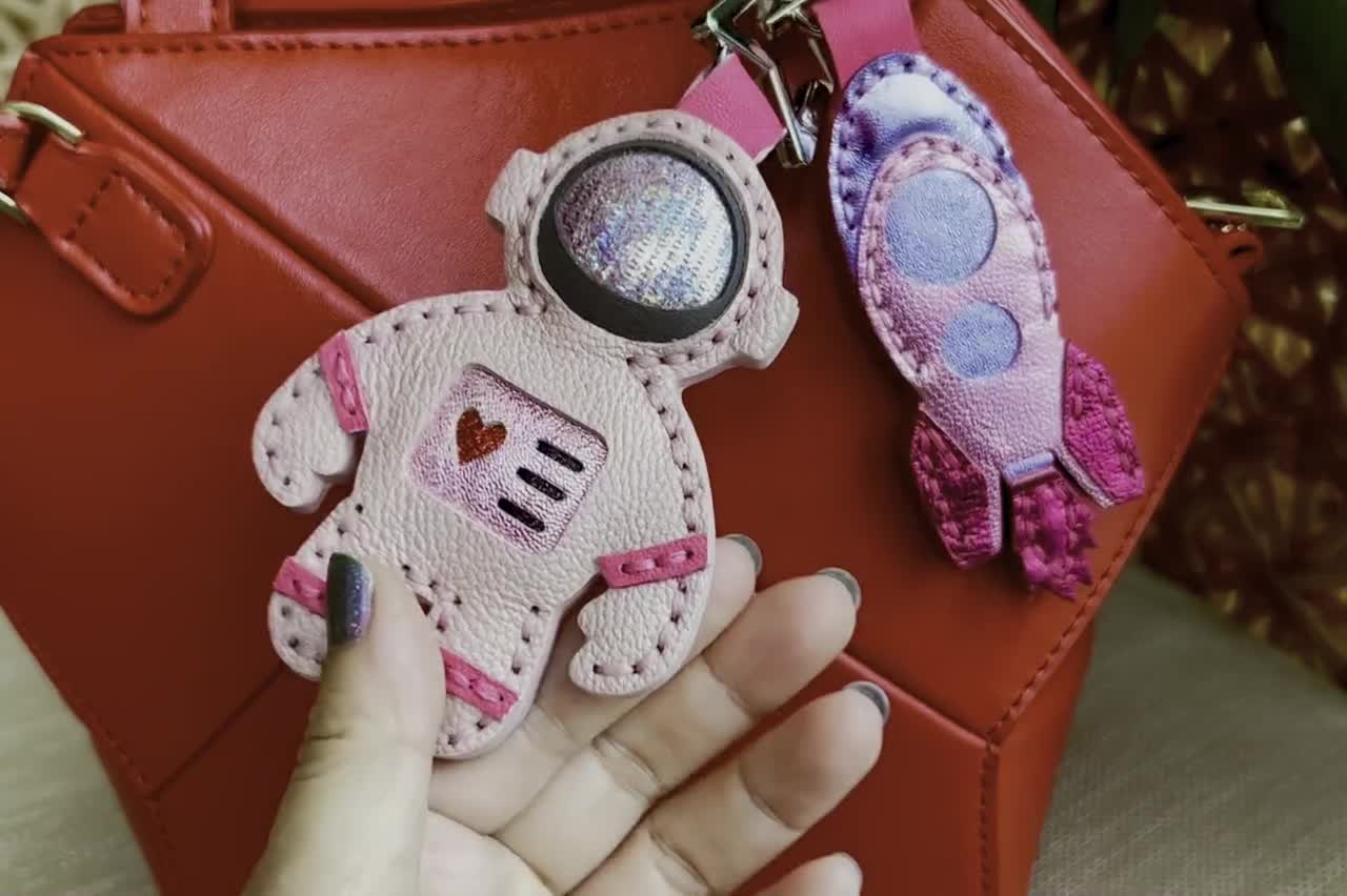 Hot Pink Astronaut Rocket Leather Bag Charm 2 Sided Keychain 