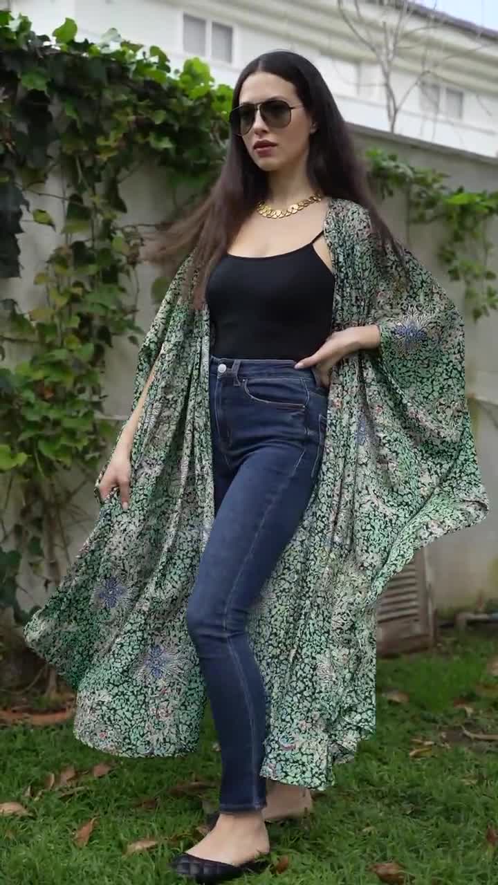 Women Green & Gold Sparkly Kimono Robe, Boho Chic Oversize